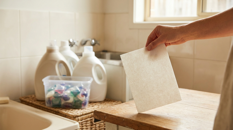 A hand holds a dissolvable laundry detergent sheet in front of bulky liquid detergent bottles and a tub of pods