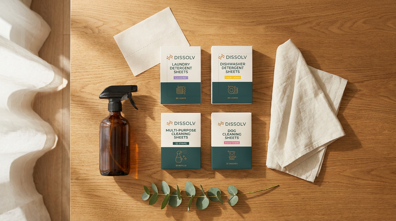Flat-lay of the four Dissolv plastic-free cleaning products with a reusable spray bottle, linen cloth and eucalyptus