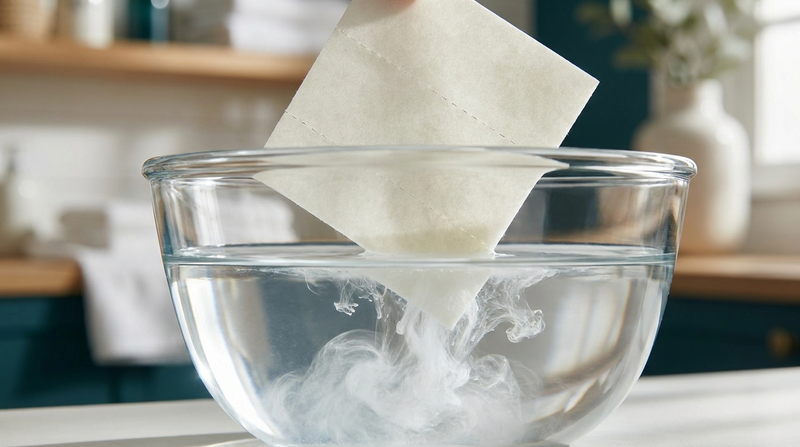 A dissolvable laundry sheet gently dissolving into a clear glass bowl of water
