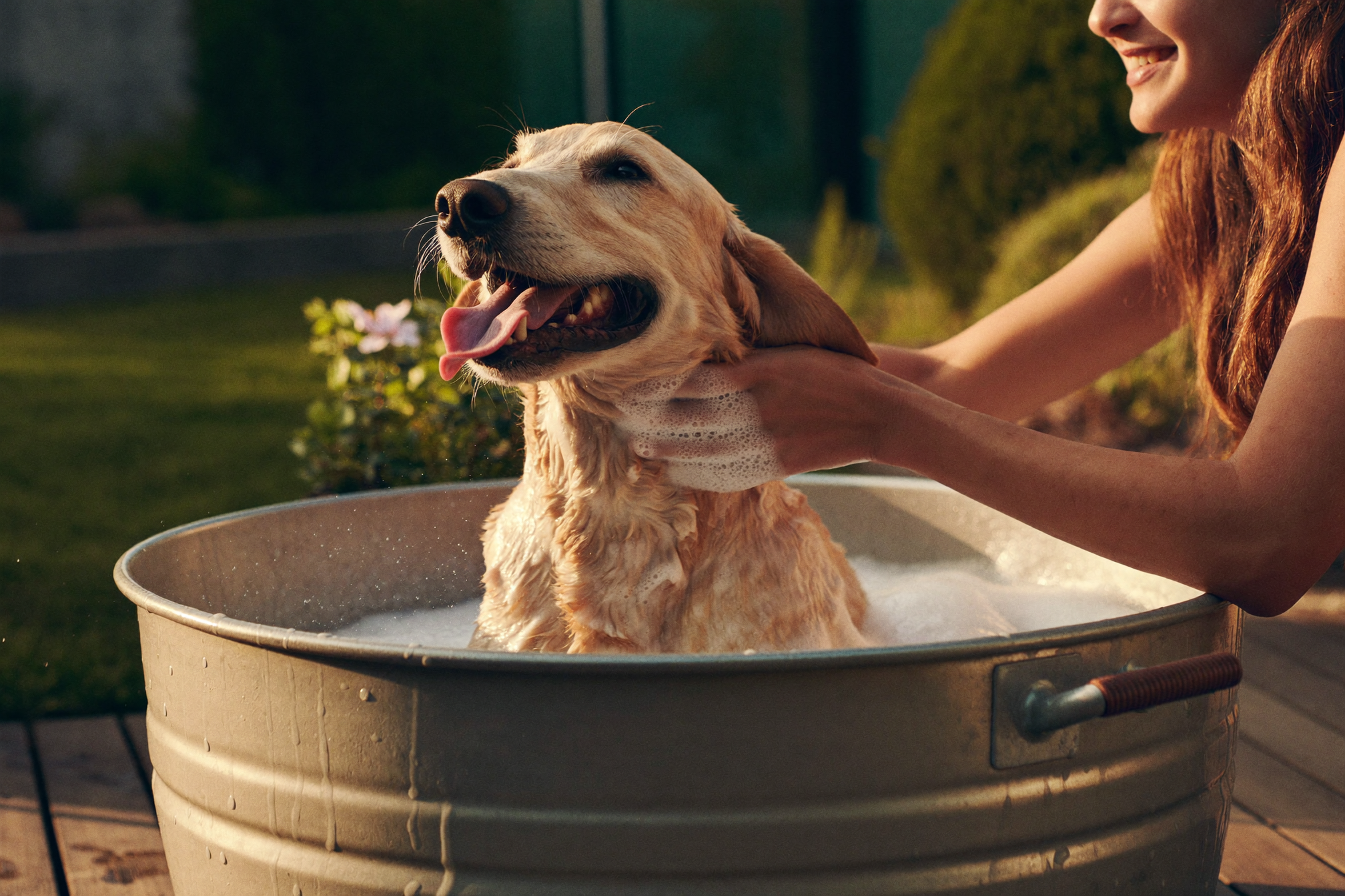A happy golden Groodle being washed with Dissolv dog shampoo sheets in an outdoor tub