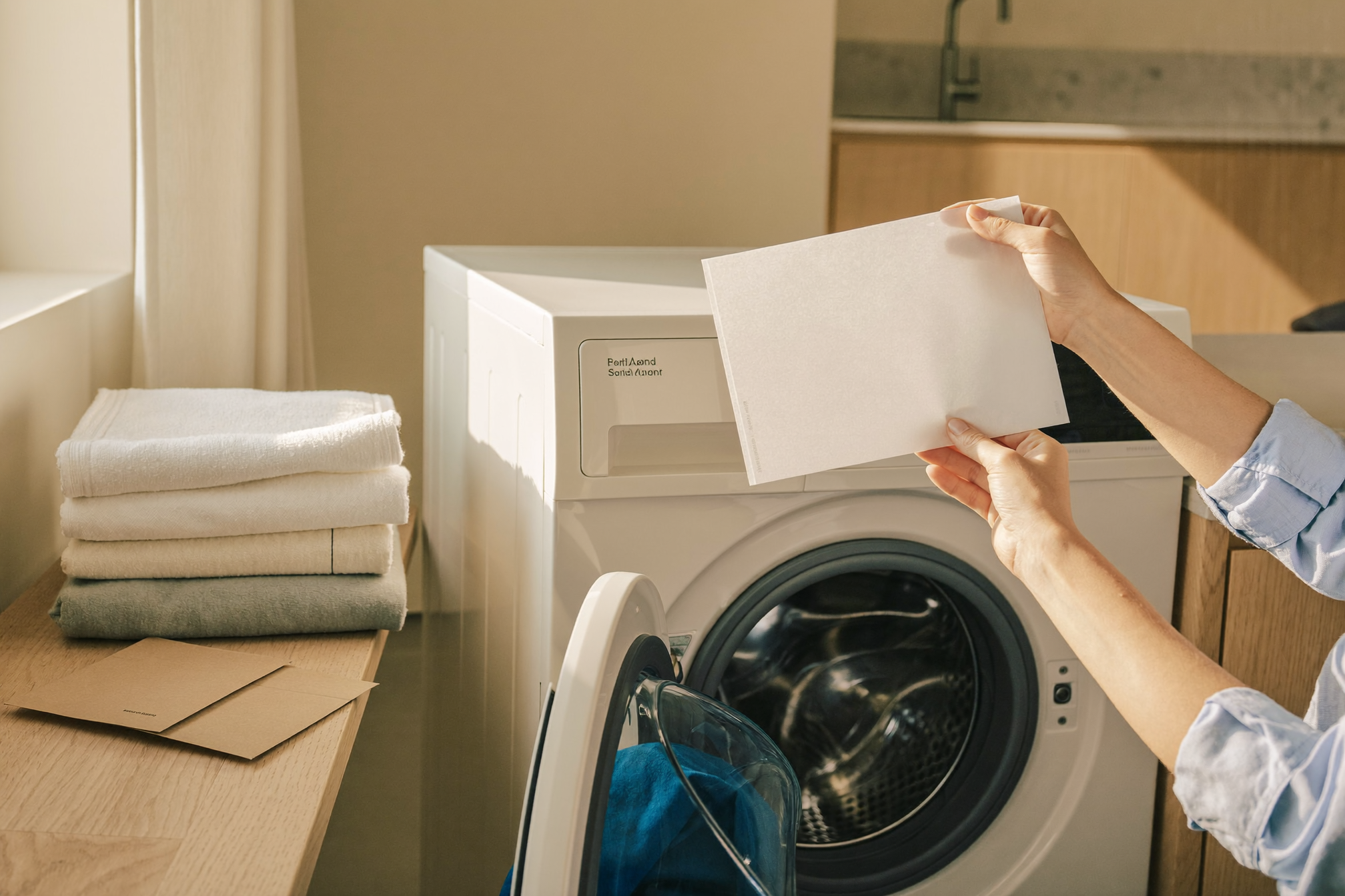 Holding a Dissolv dissolvable laundry detergent sheet beside a front-loader washing machine